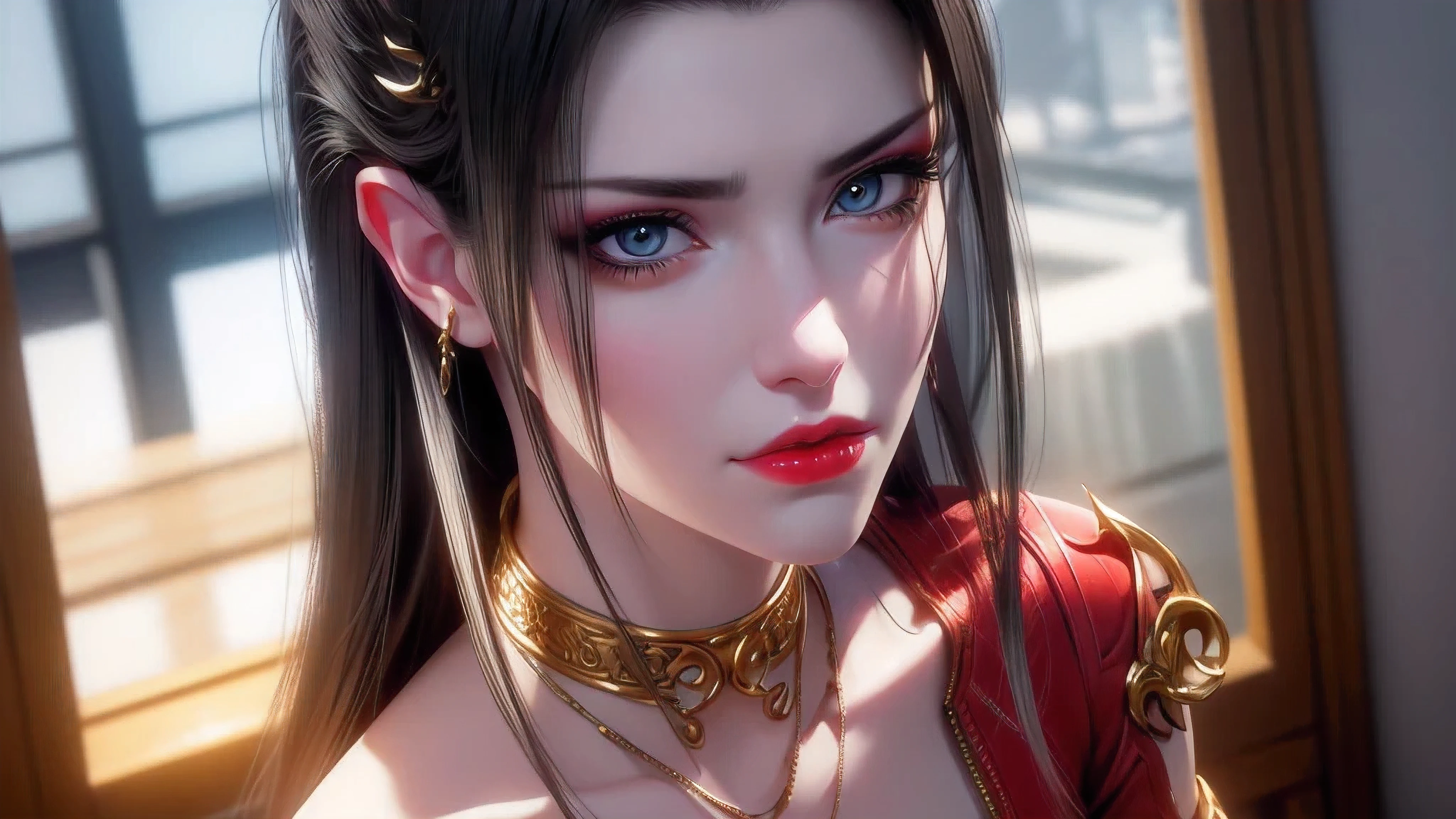 （lifelike， high - resolution：1.3）， 1 girl with a perfect body， Super fine face and eyes，slong hair， big boob，Expose cleavage5, lightning, hyper-realistic graphics, most realistic graphics, 1 girl, alone, solo, Extremely sharp, surreal image, sharp eye makeup, meticulous makeup eyelashes, pretty red lips, pursed lips, full body shot, inside the room.