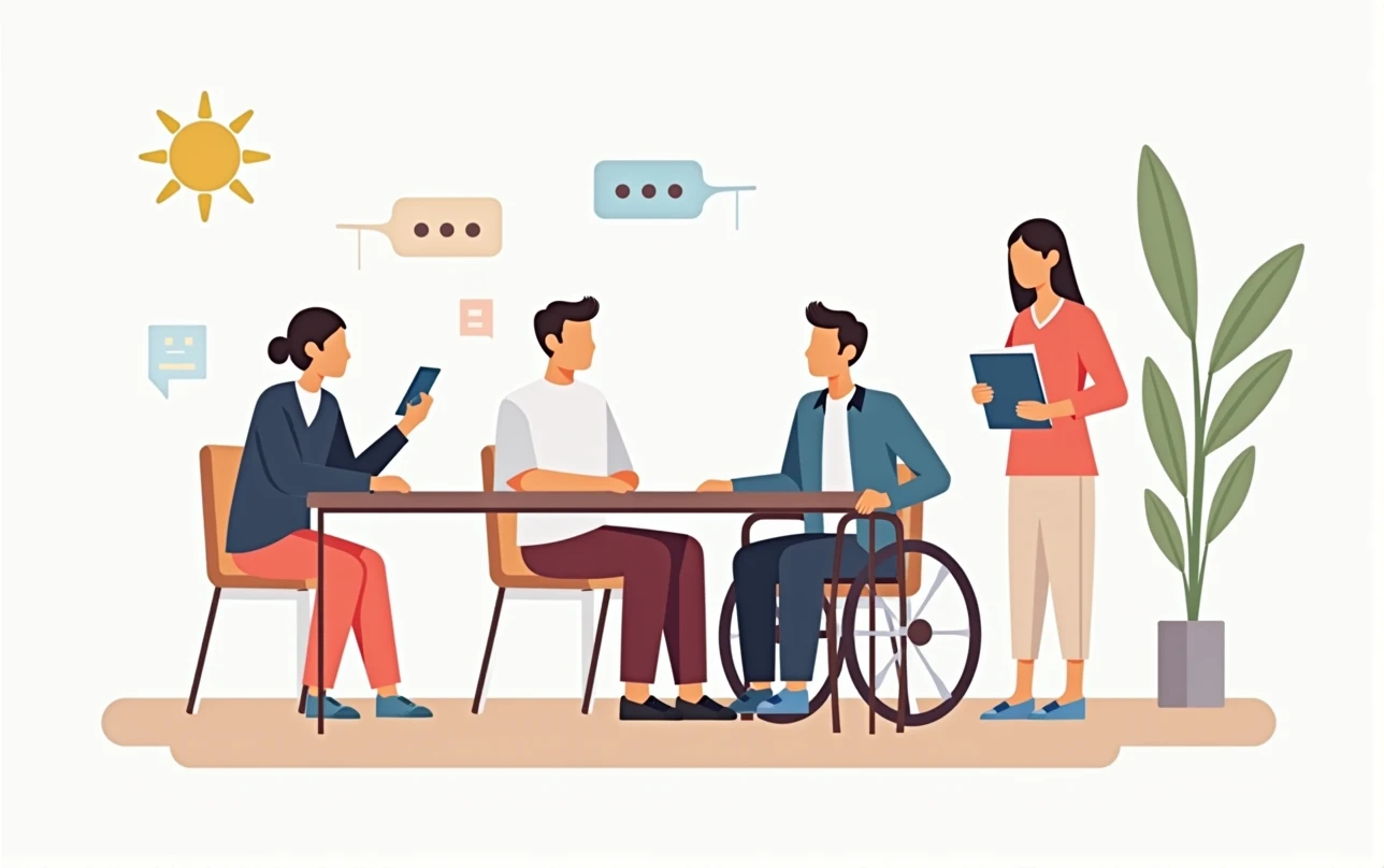 Social inclusion of people in wheelchair concept. Disabled man in wheel chair at meeting. Handicapped person in student society. Colored flat vector illustration isolated on white background 