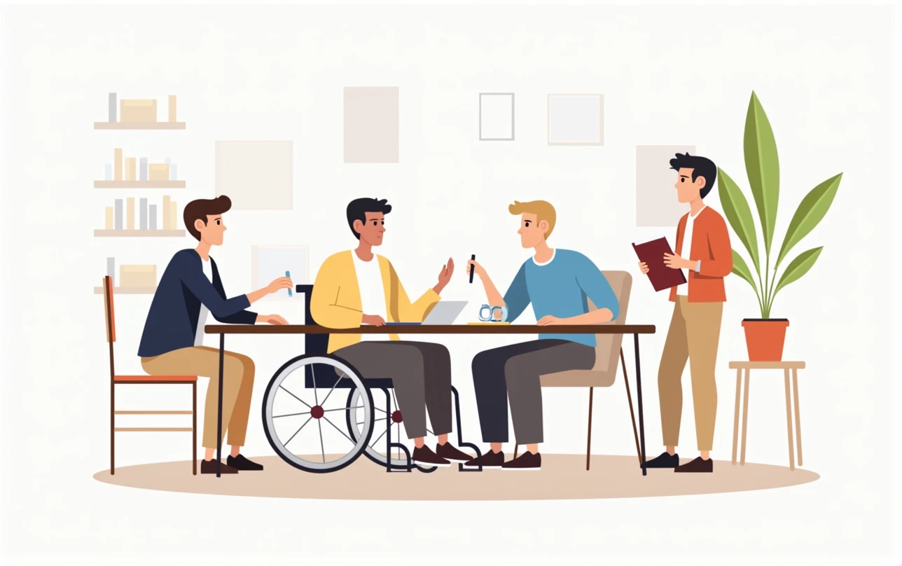 Social inclusion of people in wheelchair concept. Disabled man in wheel chair at meeting. Handicapped person in student society. Colored flat vector illustration isolated on white background