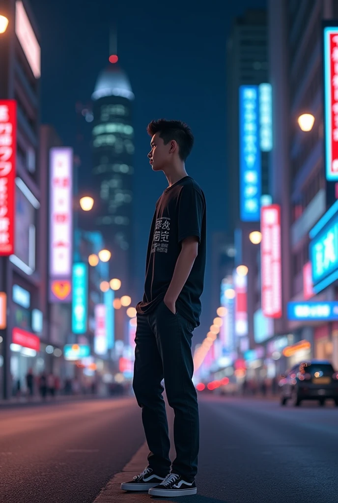 photorealism of a 16 year old Indonesian man on the side of the road in a city full of night lights ,short body (short) and thin wearing a plain black t-shirt with aesthetic Japanese writing and black jeans with casual shoes ,hairstyle (short slicked back )