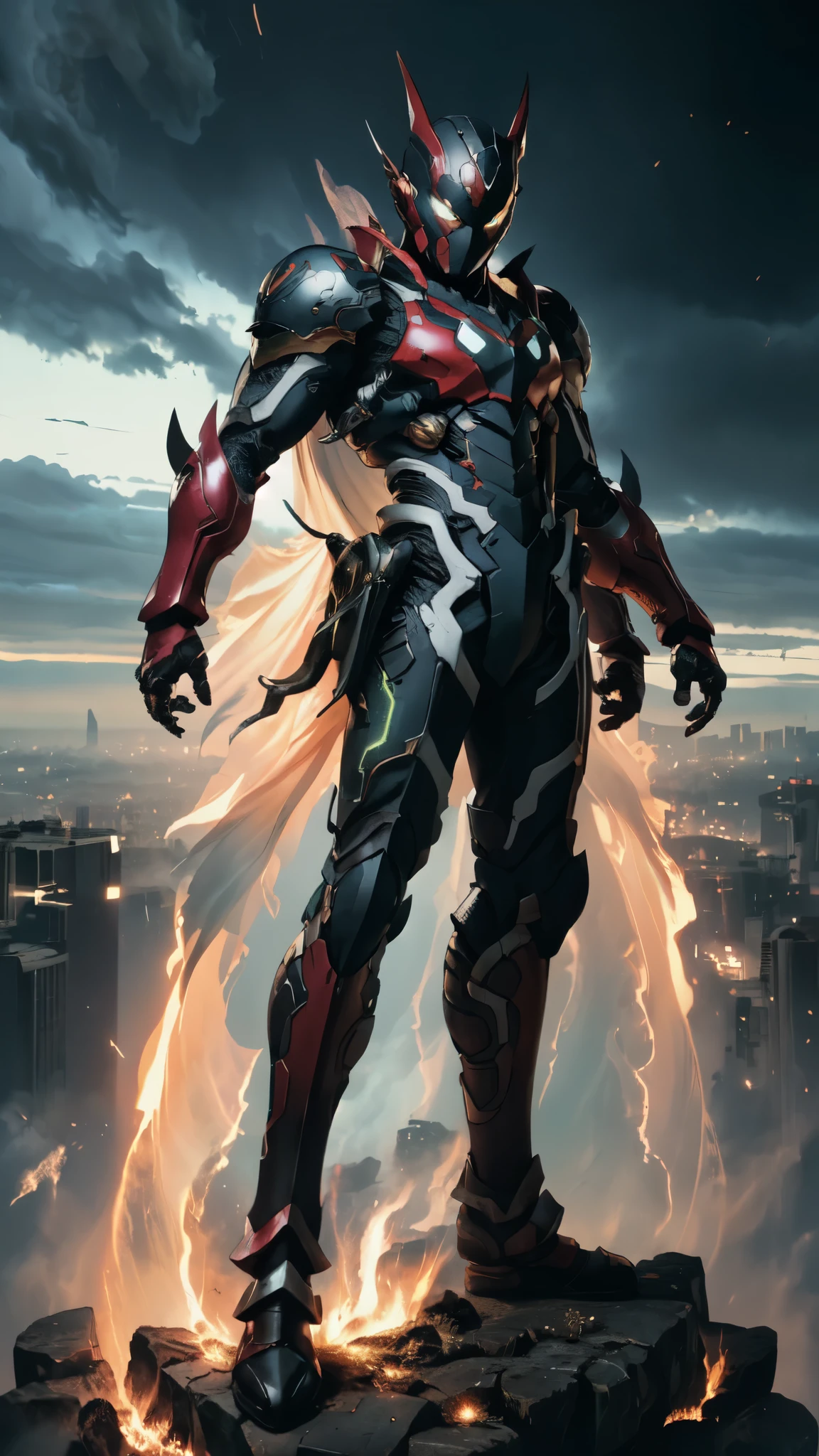 (masterpiece:1.5, best quality:1.5, extremely delicate:1.5, superhero pose:1.5), a man wearing a full-face helmet, a fantasy-style biotech armored combat suit, green eyes, (a composite layered chest armor), fully enclosed shoulder guards, matching arm and leg guards, belt of Neon circuit, (the color scheme is primarily black with green and red accents), the design balances heavy with agility, a high-tech bio-mecha armor, (Armor Concept Inspired by Demon, stand on the top of a skyscraper in a futuristic sci-fi city), this character embodies a finely crafted fantasy-surreal style armored hero in anime style, exquisite and mature manga art style, (element, plasma, energy, the armor glows), ((male:1.5)), metallic, high definition, highres, ultra-detailed, ultra-fine painting, professional, perfect body proportions, golden ratio, anatomically correct, symmetrical face, extremely detailed eyes and face, high quality eyes, creativity, RAW photo, UHD, 32k, Natural light, cinematic lighting, masterpiece-anatomy-perfect