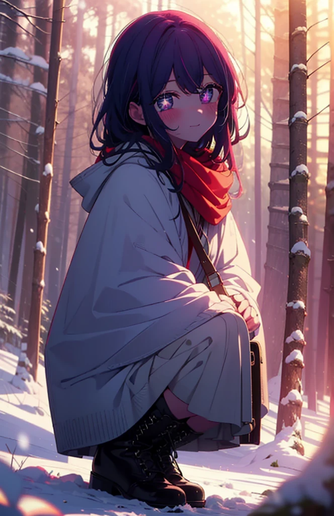 aihoshino, Ai Hoshino, Long Hair, bangs, (Purple eyes:1.1), Purple Hair, (Symbol-shaped pupil:1.5), smile,,smile,blush,white breath,
Open your mouth,snow,Ground bonfire, Outdoor, boots, snowing, From the side, wood, suitcase, Cape, Blurred, , forest, White handbag, nature,  Squat, Mouth closed, Cape, winter, Written boundary depth, Black shoes, red Cape break looking at viewer, Upper Body, whole body, break Outdoor, forest, nature, break (masterpiece:1.2), Highest quality, High resolution, unity 8k wallpaper, (shape:0.8), (Beautiful and beautiful eyes:1.6), Highly detailed face, Perfect lighting, Highly detailed CG, (Perfect hands, Perfect Anatomy),