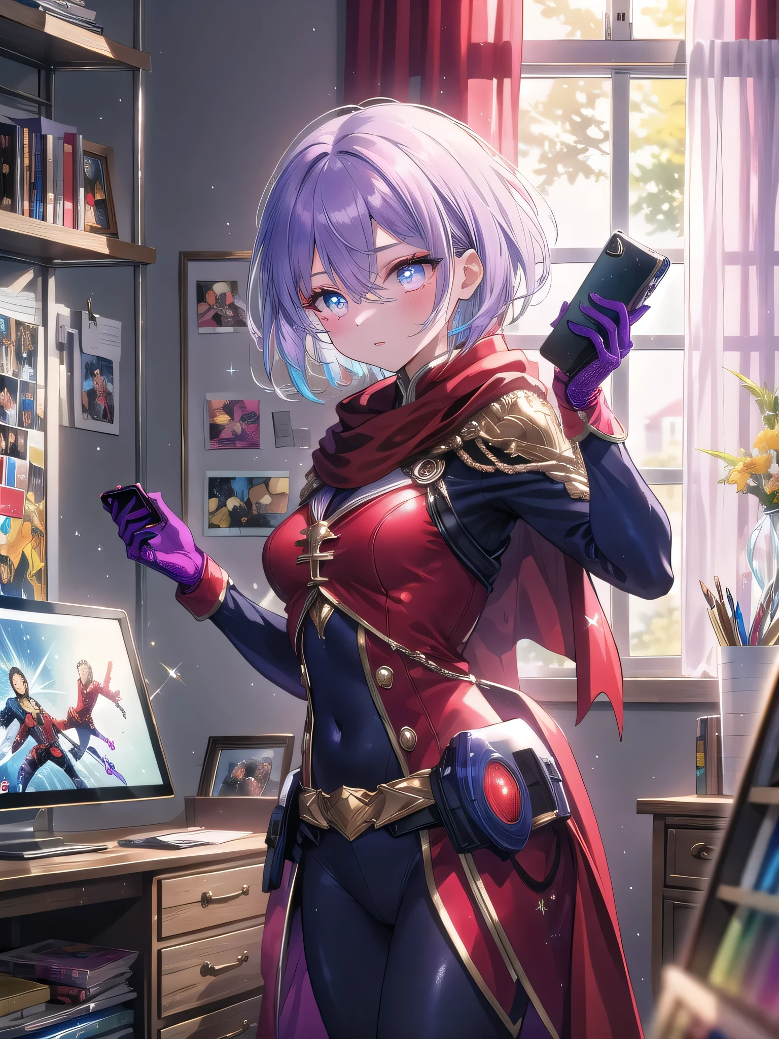 ((8k, Highest quality, masterpiece: 1.3)),Ultra-high resolution,(1 girl, alone), (Color changing eyes, Ultra-detailed, Expressive brilliance, Glitter, Glowing Eyes), Highly detailed eyes, Highly detailed face, Random Hair, ((pastel colour)),A lively young woman with pastel purple hair styled into a pixie cut, standing in front of her mirror in her cozy bedroom. The afternoon light filters in through the curtains, casting a soft glow over the room. She is dressed in a superhero cosplay, wearing a skin-tight red and blue suit with a flowing cape and a mask covering her eyes. The camera captures her from a side angle as she strikes a heroic pose in front of the mirror, her expression full of confidence and determination. Her room is filled with comic book posters, a few action figures displayed on shelves, and a desk cluttered with art supplies, indicating her passion for comics and cosplay.

