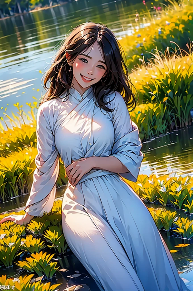 (in 8K、top-quality、​masterpiece:1.2)、One woman、(Smiling smile:1.1)、beautidful eyes、Valley、The upper part of the body、length hair、Like a boy、Longhaire、Green View、