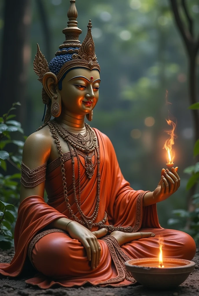 extreme long shot of an ancient statue of a six-armed woman meditating, holding white flames in all six hands, inside a black ancient Thai temple. dark fantasy style.