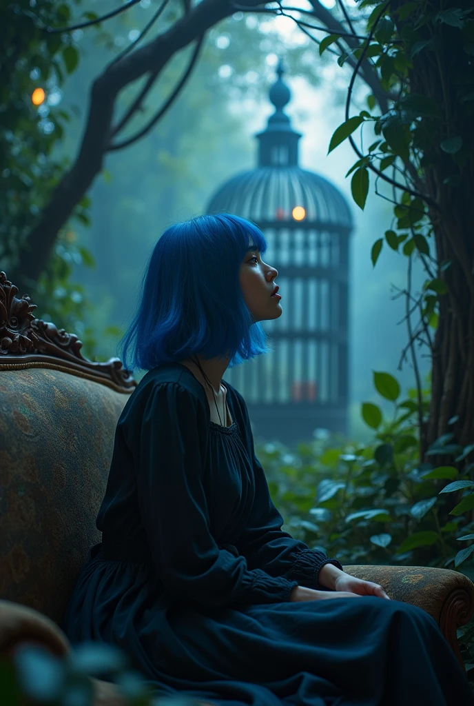 Close up to the lips mage of a shoulder length blue hair beautiful girl sitting on the sofa inside the bird cage, forests of clocks interspersed with forests of thorns, dark, gloomy, mysterious but full of magic, shimmeringly beautiful, in the distance there is a giant birdcage surrounded by climbing black roses, , cinematic color, 16K, UHD, K-Pop Style
