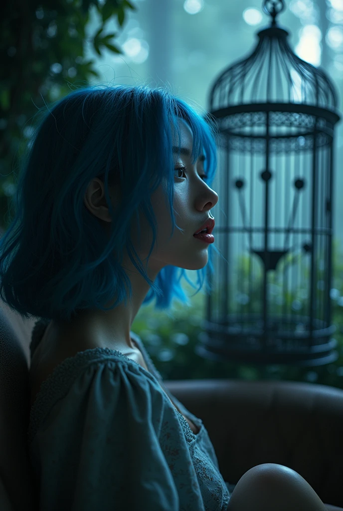 Close up to the lips mage of a shoulder length blue hair beautiful girl sitting on the sofa inside the bird cage, forests of clocks interspersed with forests of thorns, dark, gloomy, mysterious but full of magic, shimmeringly beautiful, in the distance there is a giant birdcage surrounded by climbing black roses, , cinematic color, 16K, UHD, K-Pop Style