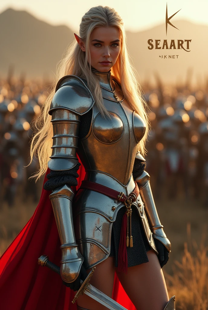 A movie poster depicting a female knight wielding a sword on a battlefield with the words "SeaArt x infinity" written in large letters in the center, ((masterpiece, top quality, high resolution, highly detailed CG unified 8K wallpaper)), (huge stunning goddess shot, very hot and sexy, jaw dropping beauty, perfect proportions, beautiful body, slim body beauty:1.3), (A medieval female knight in luminous armor:1.5), (Her long blond hair is tied back, Wearing armor on bare skin, red cape on back, harnessed in finely crafted, detailed armor, with a sword hanging from a thick belt:1.5), Visible thighs, view from above, female knight, elf ears, cleavage, thigh, short skirt, sexy