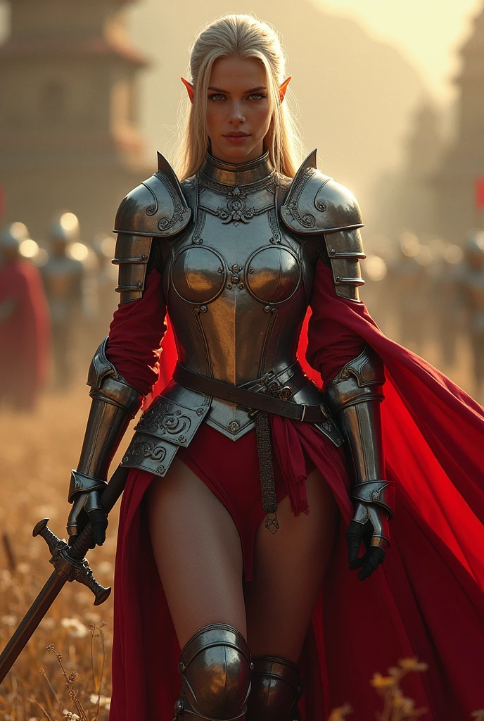 A movie poster depicting a female knight wielding a sword on a battlefield with the words "SeaArt x infinity" written in large letters in the center, ((masterpiece, top quality, high resolution, highly detailed CG unified 8K wallpaper)), (huge stunning goddess shot, very hot and sexy, jaw dropping beauty, perfect proportions, beautiful body, slim body beauty:1.3), (A medieval female knight in luminous armor:1.5), (Her long blond hair is tied back, Wearing armor on bare skin, red cape on back, harnessed in finely crafted, detailed armor, with a sword hanging from a thick belt:1.5), Visible thighs, view from above, female knight, elf ears, cleavage, thigh, short skirt, sexy
