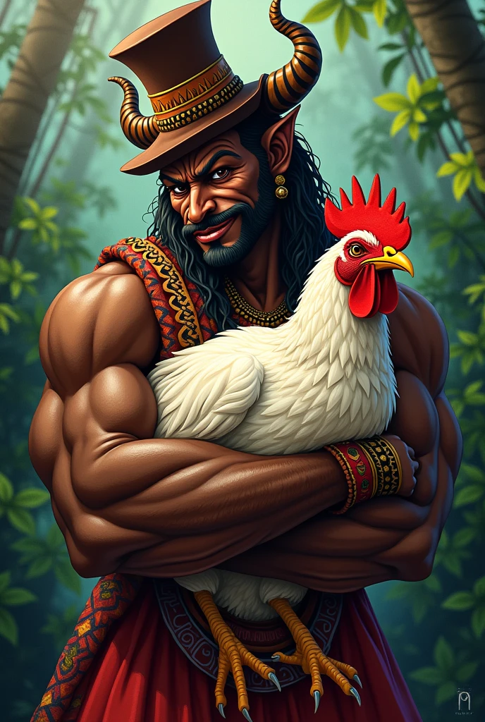 Mutant chicken crazy dressed as a Colombian drinking coffee sitting on a Rimax brand chair with Poseidon with his trident in his hand, muscular man next to him drinking coffee with Colombian clothes in a coffee plantation
