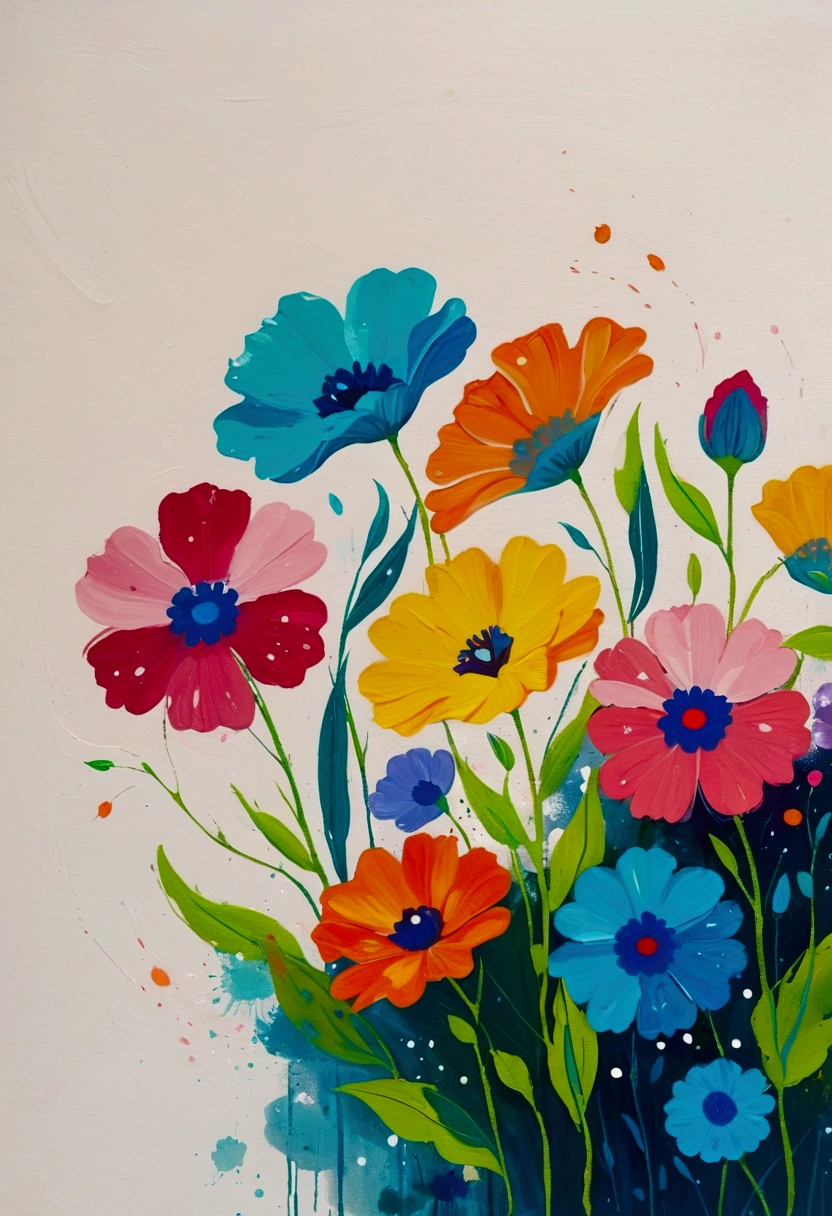 Fluid smudge painting，Dot，Colorful flowers，Minimalism，Inspired by the coronavirus。Negative Space,Bottom left corner composition