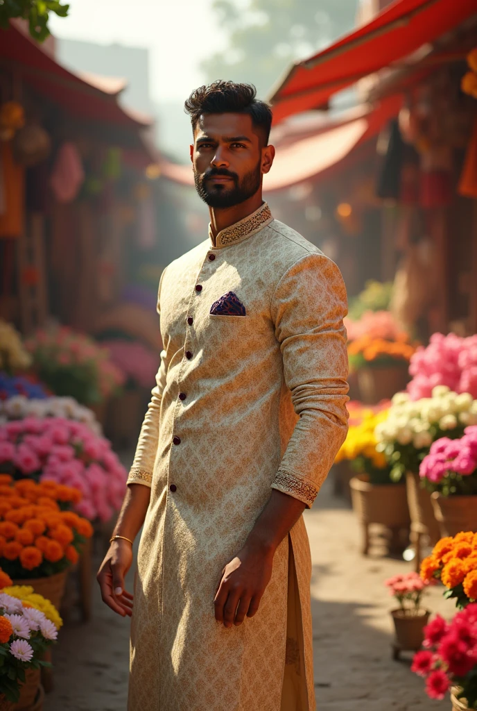 Create image beautiful Indian male degain by flower market