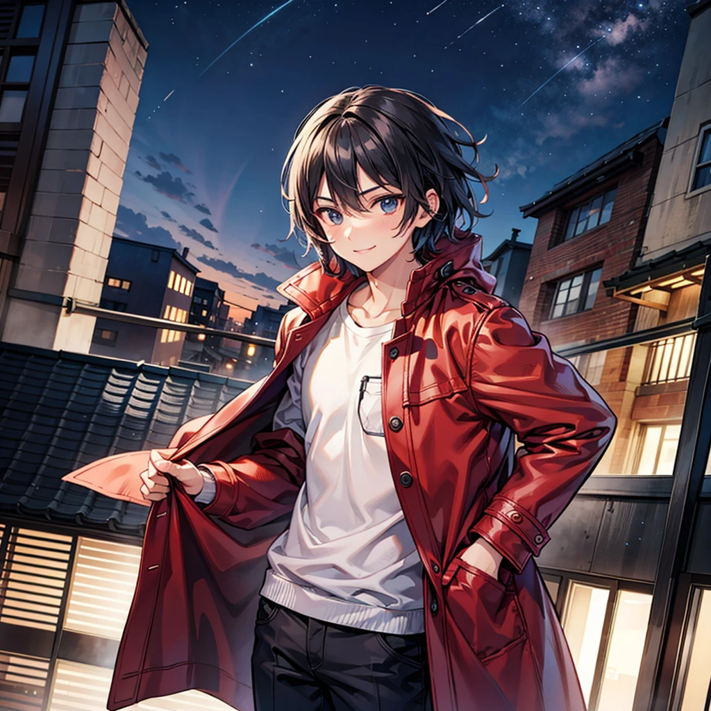 Anime art style,Highest quality,High resolution,Anatomically correct,One Man,Adult male,Twenty generations,good looking,Angle from the front,Spiky hair,Black Hair,smile,A rich expression,Long coat,Casual innerwear,night,Outdoor,Rooftop,Put one hand in your pocket,A strong wind is blowing,Eyes drawn in detail,8k