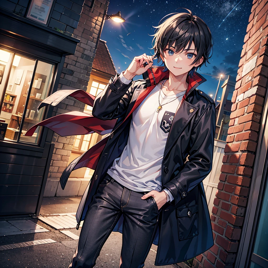 Anime art style,Highest quality,High resolution,Anatomically correct,One Man,Adult male,Twenty generations,good looking,Angle from the front,Spiky hair,Black Hair,smile,A rich expression,Long coat,Casual innerwear,night,Outdoor,Rooftop,Put one hand in your pocket,A strong wind is blowing,Eyes drawn in detail,8k