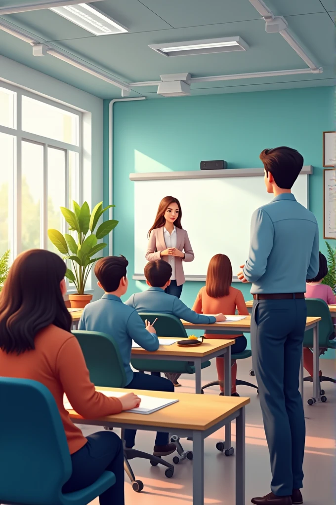 Classrooms with modern facilities, students attentively listening to the teacher
