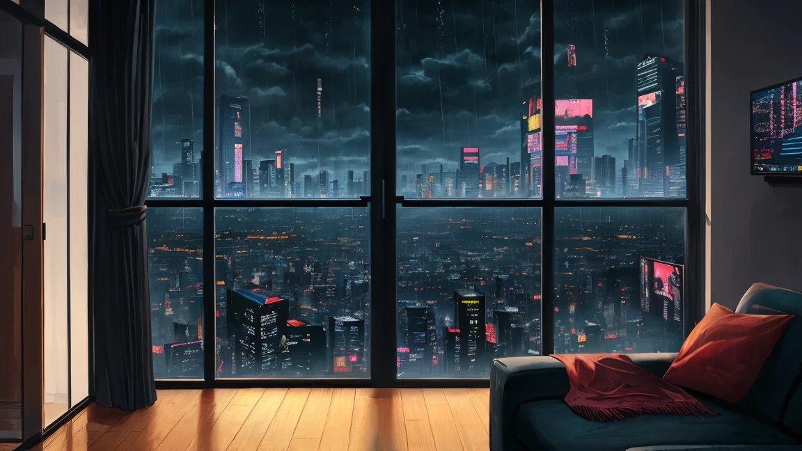 (masterpiece), (Dark Clouds), (Cyberpunk living room), (indoor), (window), (rain), (Cyberpunk City), (Realistic illustrations), (Cinematic), (windowの外を見ている)