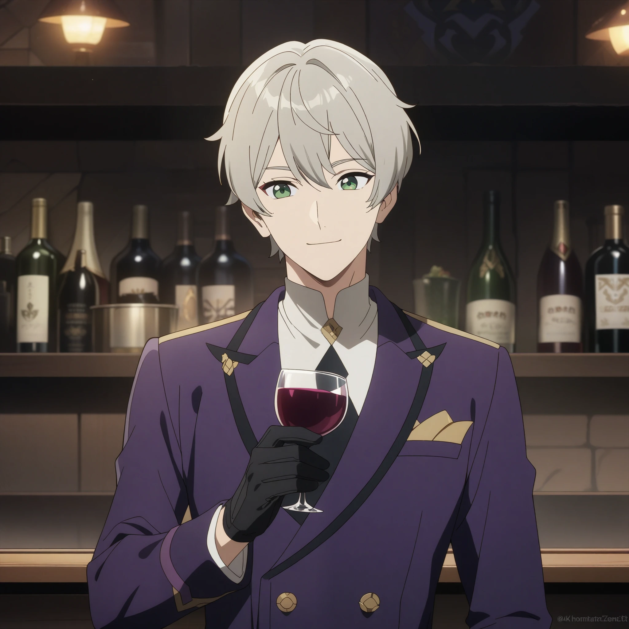 wise from zenless zone zero, 1boy, drinking wine, light grey hair, souma shiki hair, dark green eyes, front view, shoulder length hair, bowl cut hair , handsome face, purple suit, black gloves, bar background, upper body, decorative, masterpiece, high quality, hd, 4k, upper body, genshin artstyle, smiling