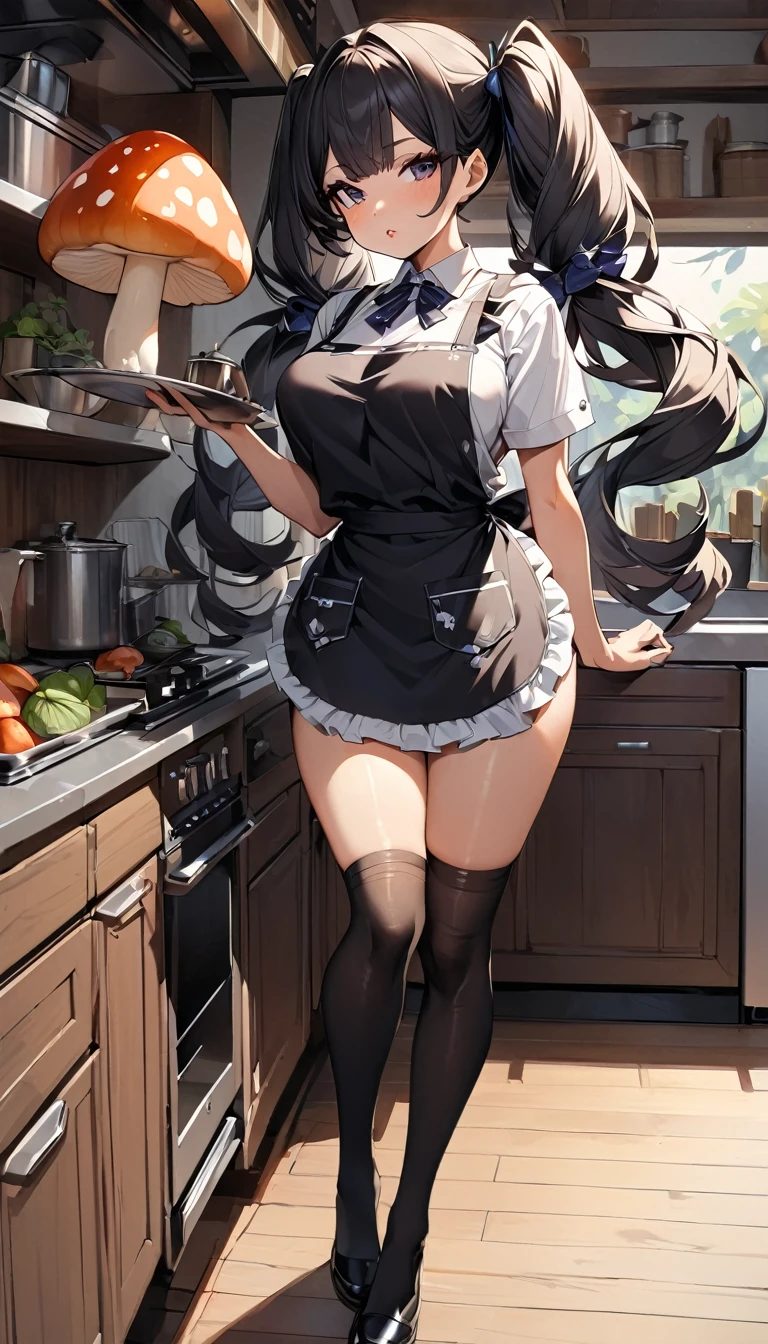 Highest quality、One woman、Full-body portrait of a beautiful woman in an apron、Random sexy poses、knit、Black hair twin tails、Knee-high socks、Straight body type、Natural Lip、Beautiful breasts、Open kitchen、Tasting the food