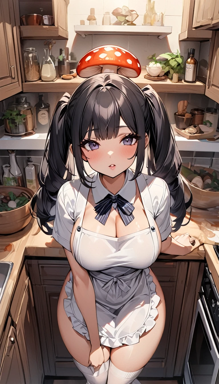 Highest quality、One woman、Full-body portrait of a beautiful woman in an apron、Random sexy poses、knit、Black hair twin tails、Knee-high socks、Straight body type、Natural Lip、Beautiful breasts、Open kitchen、Staring at a large mushroom