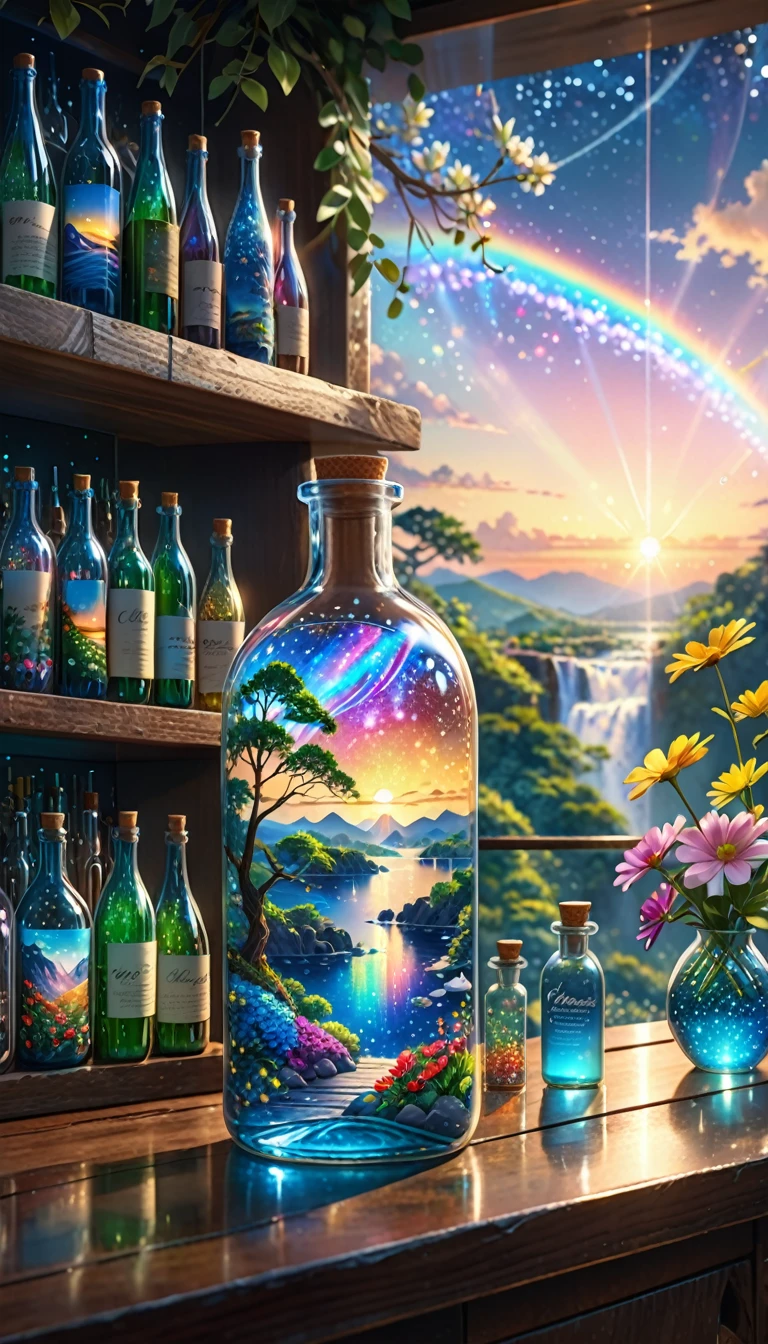 (masterpiece, Highest quality, Very detailed:1.2, Realistic, super photoRealistic, Realistic illustration, 8k),
Professional Color Grading, Sharp focus, Professional Lighting, Depth of written boundary, ((landscape)), ((Science fiction movies)), ((Concept Art))
Bottle close-up,
A rainbow-coloured world in a bottle、The colors of the flowers sparkle、afternoon, waterfall, Big tree, Starry Night, sunset, City in a glass bottle, filling glass bottle with the sparkling Starry Night and city, filling glass bottle with the sunset view, Many glass bottles on the shelf, The shelves are kept in the house, 16K, Ultra-high resolution, Ultra-high resolution, to be born,wonderful ,future、Iridescent、The world 30 years from now。