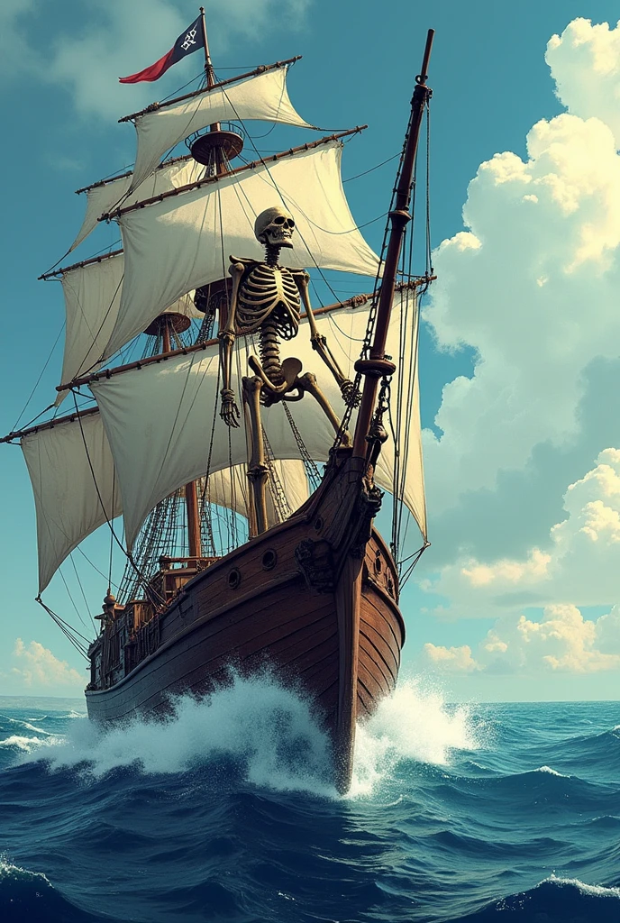 An illustration of a skeleton on a pirate ship facing forward, with rough waves.