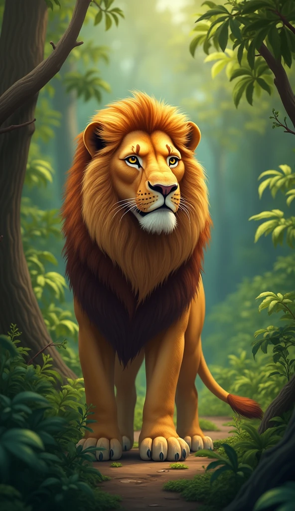 The king of the jungle was a lion, and he took care of every creature in the jungle. He was powerful, but also kind. Everyone in the forest respected him, and he also took care of his people.