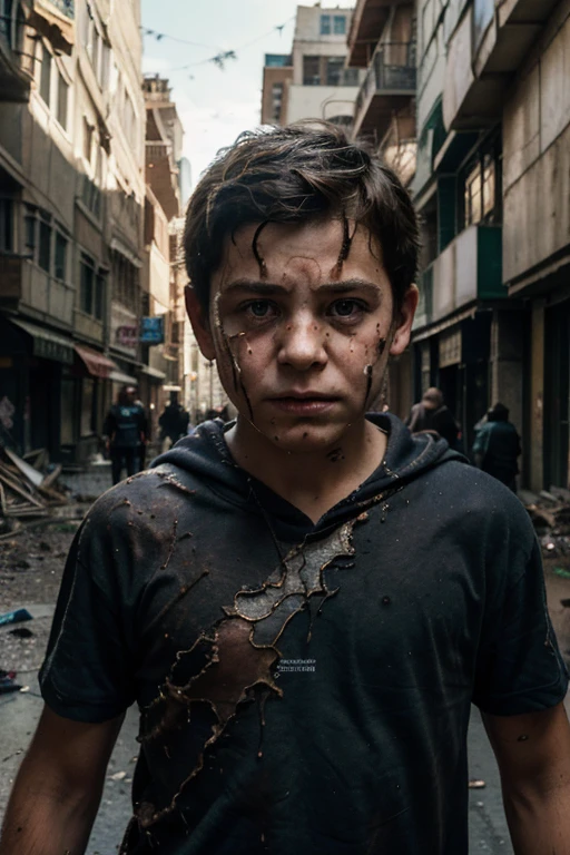 ((best quality, hyperrealistic, masterpiece)) A tenage boy, his homemade superhero costume ripped and stained, faces off against a grotesque, shadowy creature that seems to be made of nightmares. The city around them is a chaotic mess, with buildings crumbling and people fleeing in terror. The boy's face is grim, his eyes reflecting the fear and determination of a desperate fight