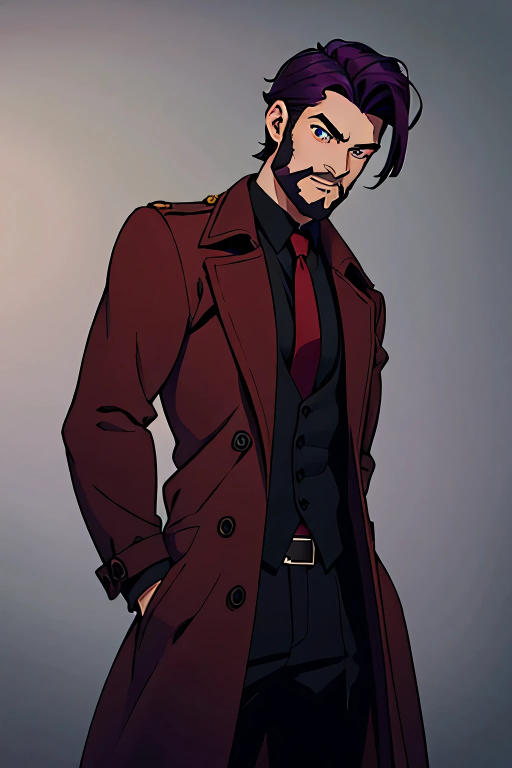 Male, dark purple hair, has green eyes and wears a long dark red trench coat, and wears a black shirt and red tie, High Resolution, Best Quality, red tie, has a stubble beard