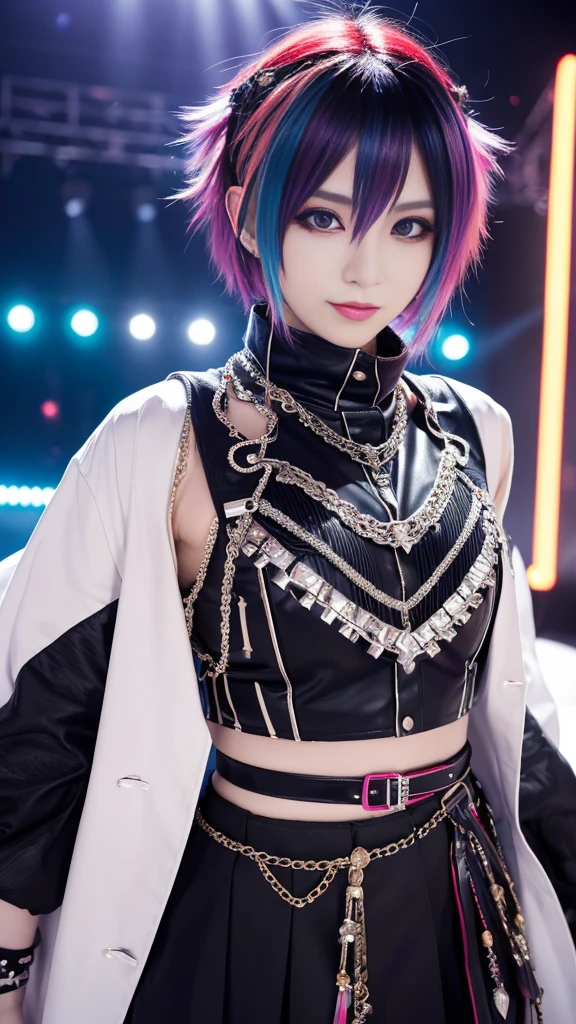 (masterpiece:1.4), (best quality:1.4), ultra high res, ultra high resolution, ((ultra detailed facial features)), HDR, (realistic, photorealistic, photo-realistic:1.37), (1 man), full body Esbian, ((sexy Japanese male)), (-anime), vivid colors, ((vivid colors multicolor (Visual Kei style spikes very short hair))), (big smile), ultra detailed glam rock makeup, bold lipstick, long lashes, defined eyebrows, wearing large Visual Kei jewelery, wearing a Visual Kei cosplay, ((vivid Visual Kei outfit)), (layered clothing), choker, rings, bracelets, piercings, look at the camera, cinematic light, rockstar festival stage background with multicolor lights, sweet and sexy pose