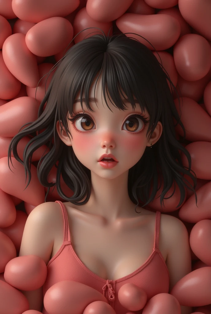 A girl blushing surrounded by many penises.