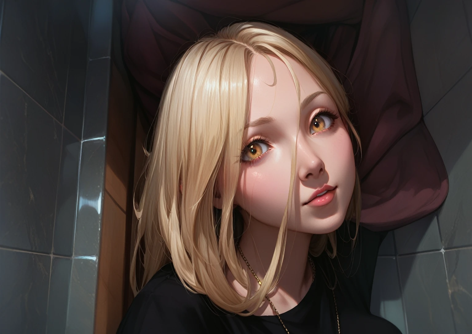 (top quality,Highest image quality, 8 K, uhd, realistic, masterpiece, young, A blonde woman with long hair in the bathtub is looking at the camera., she is about 16 лет, high quality, Girl with blond hair, 18 years,19 year old girl, photo of a girl, very pale blond hair, black T-shirt, necklace on the neck,
