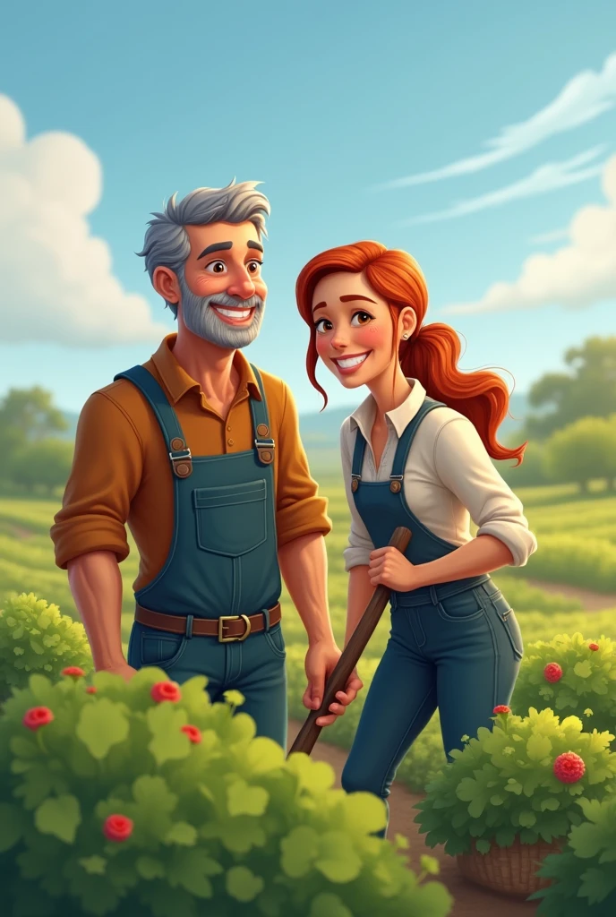 Generate image of a man and woman who are working together on a field smiling and looking happy 