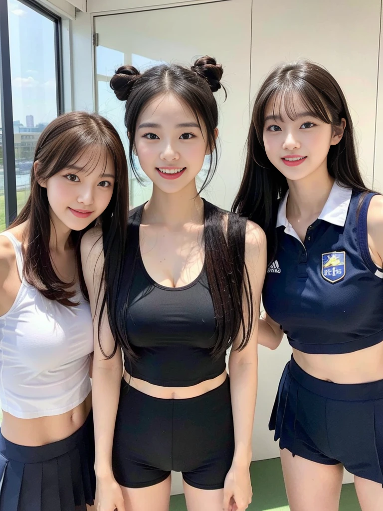 (A group of super cute Korean schoolgirls take a commemorative photo wearing Hummel sportswear:1.2)(Laughing out loud:1.2)(Sweating profusely:1.1)(16K, RAW Photos, Highest quality, masterpiece: 1.2),(Her shiny, beautiful black hair in a bun sways softly in the wind.:1.1) Super detailed, Super Resolution, (Genuine, Genuine photos: 1.37), Portraiture, High-resolution RAW color photos, Professional photos, Very detailed, 8k wallpaper, Very detailed CG Unity 8k wallpaper, Very detailed beautiful girls, Very detailed faces, ((whole body)), beautiful woman, Huge breasts,(huge boobs:1.1) (Big Boobs:1.1), beautiful schoolgirl (See-through wet gym clothes),high school girl, Korean Girls,(K-POP Female Idols), (Idol-class beauty)(Beautiful high school girl:1.1)(Indoor gymnasium)(()(Date:1.2)(Group photo)Headband)(trio)(Sweaty skin:1.2)