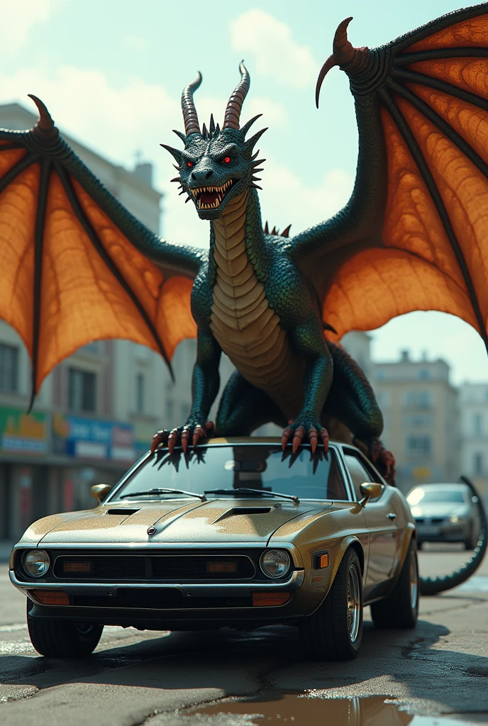 There is a sexually aroused dragon on top of the car.