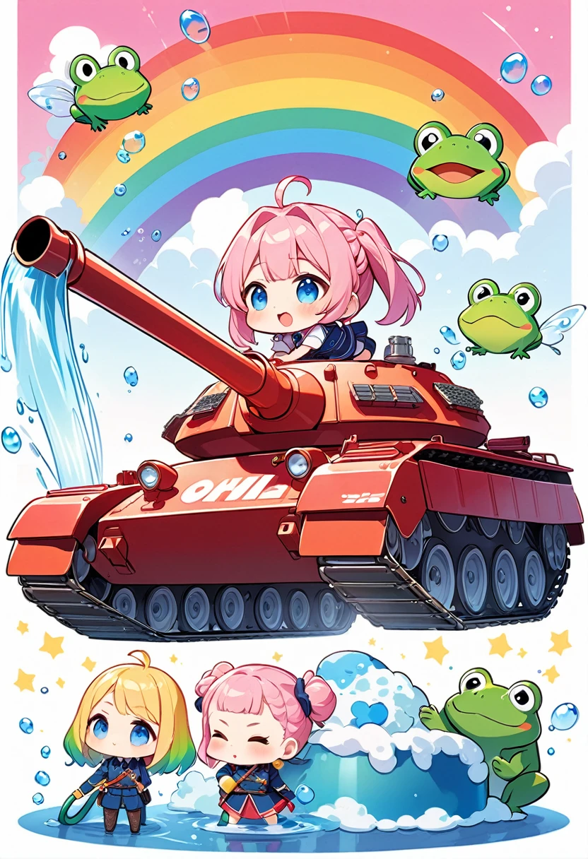 Highest quality、High resolution、Detailed Background、Beautiful face in every detail、Anatomically correct、Detailed facial expressions、fine grain、Movie Posters, Armored Tank, A peaceful scene of car washing、((full body, from below:1.2, side shot, looking away:1.2)), break ((One Girl:1.2)、((Chibi Girl:1.2)))、Bright pretty hair color、Big beautiful blue eyes、Fuller lips、Pink Lips、Braided twintails、Ahoge、(Watering a tank with the hose:1.2、a rainbow appears:1.2)、(Cute military uniform、cute leather shoes)、break ((Wash the tank:1.2)、In one hand a hose and a rag)、((Background is the base yard、Soap bubbles fly、Intense sunlight))、(The frog is jumping:1.2)、