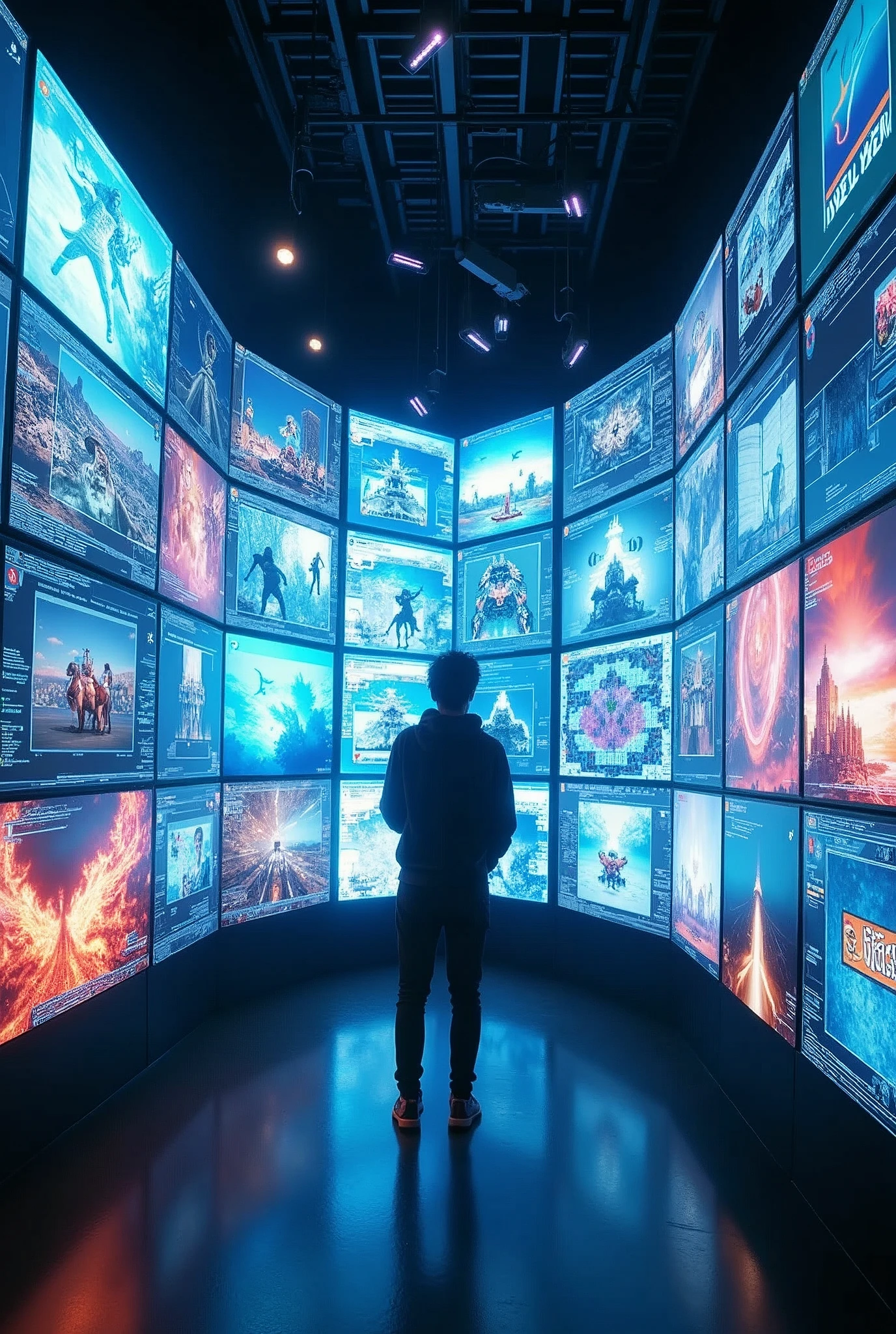 a person standing in front of a vast array of high-resolution screens, each showcasing diverse digital content from video game visuals to social media feeds, the room is sleek and futuristic, brimming with advanced technology, conveying a sense of awe and immersion in digital culture, the atmosphere is dynamic and vibrant, with a buzzing energy that reflects the intensity of modern media, lighting is bright and multi-directional, highlighting the screens and casting subtle reflections on the person’s face,