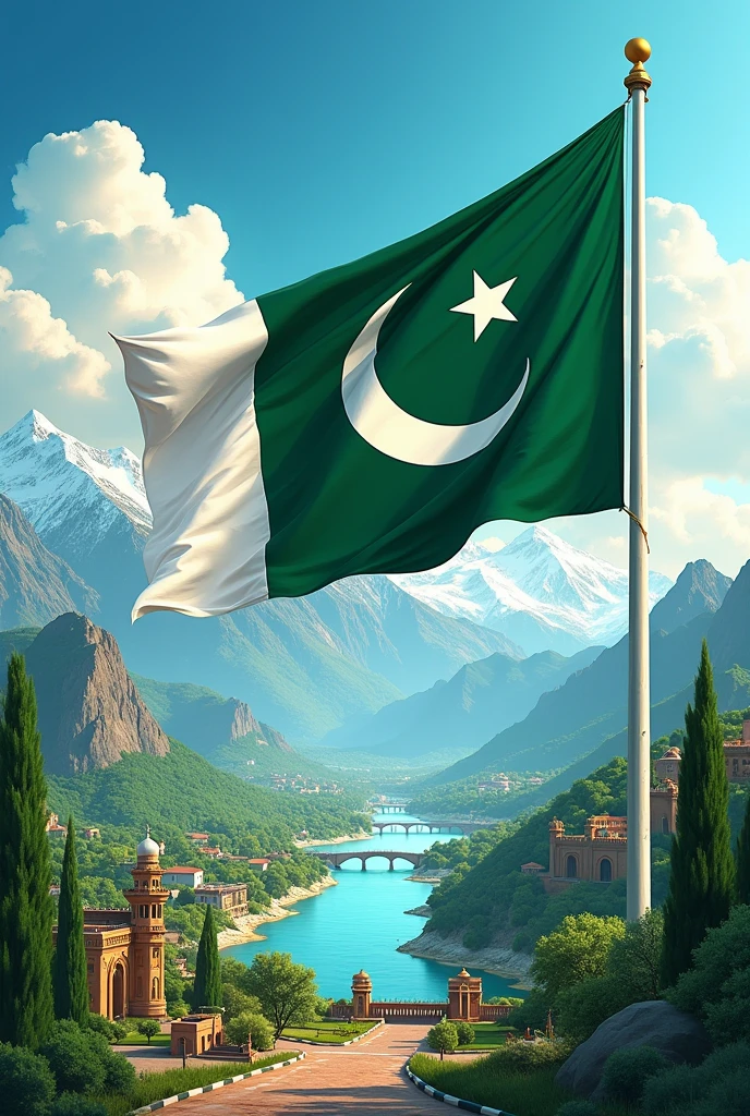 Pakistan flag with different pakistani landmarks