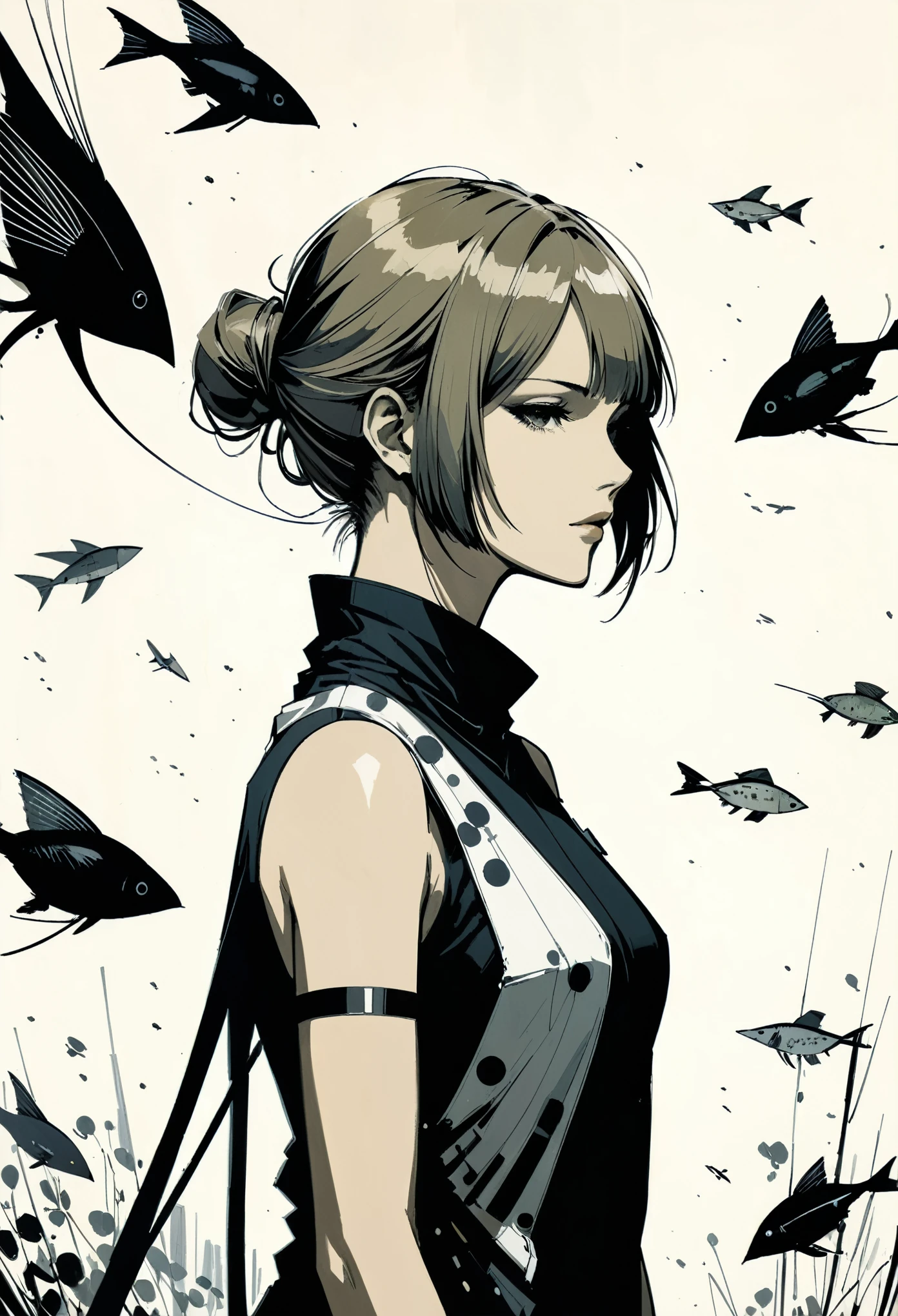[in style of Santiago Caruso],[in style of ashley wood],[in style of Hans Hartung],in style of Charley Harper
 1 girl,character concept design,half body