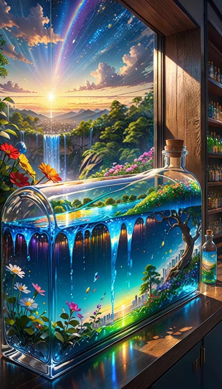 (masterpiece, Highest quality, Very detailed:1.2, Realistic, super photoRealistic, Realistic illustration, 8k), Professional Color Grading, Sharp focus, Professional Lighting, Depth of written boundary, ((landscape)), ((Science fiction movies)), ((Concept Art)) Bottle close-up, A rainbow-coloured world in a bottle、The colors of the flowers sparkle、afternoon, waterfall, Big tree, Starry Night, sunset, City in a glass bottle, filling glass bottle with the sparkling Starry Night and city, filling glass bottle with the sunset view, Many glass bottles on the shelf, The shelves are kept in the house, 16K, Ultra-high resolution, Ultra-high resolution, to be born,wonderful ,future、Iridescent、The world 30 years from now。