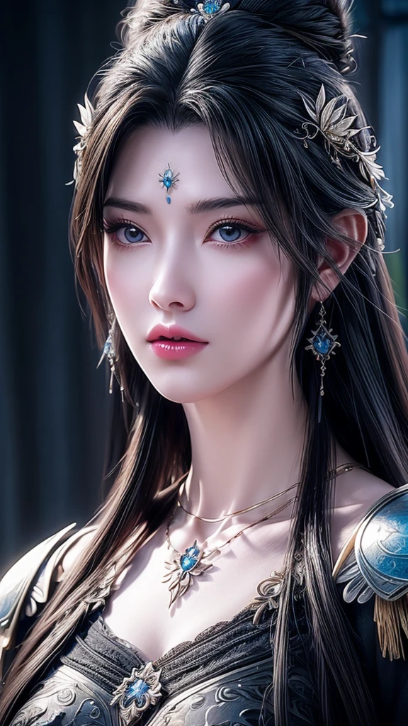 A busty woman、Close-up of a woman with very long hair, 4K detail fantasy, Movie goddess close up shot, Extremely detailed photos of the goddess, Super detailed fantasy characters, Portrait of the Knights of the Zodiac, Beautiful fantasy queen, 2. 5D CGI anime fantasy artwork, wow 4K detail fantasy, Beautiful and elegant queen, Portrait of the Queen,Wearing the Thunder Emperor armor。