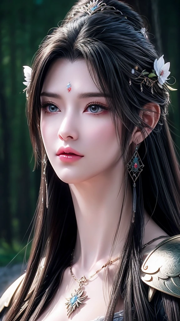 A busty woman、Close-up of a woman with very long hair, 4K detail fantasy, Movie goddess close up shot, Extremely detailed photos of the goddess, Super detailed fantasy characters, Portrait of the Knights of the Zodiac, Beautiful fantasy queen, 2. 5D CGI anime fantasy artwork, wow 4K detail fantasy, Beautiful and elegant queen, Portrait of the Queen，Wearing the Thunder Emperor armor。