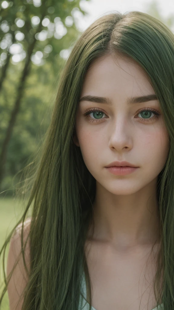 face portrait. a girl. european. extremely detailed face. oval face. delicate features. eyes that hide deep sadness. half-closed eyes. green eyes. long, straight, very thick hair. green hair. frontal. outdoors