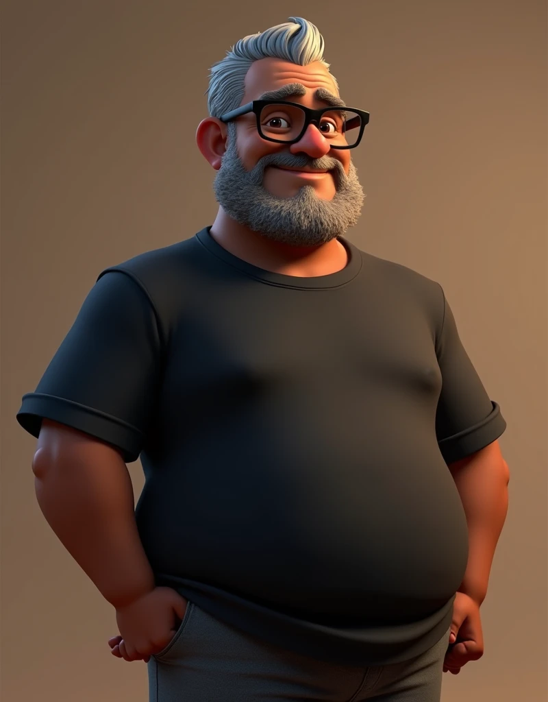 Cartoon character of a middle-aged black man with very short hair, wearing black glasses. Stylized character, animation-style rendering, 3D stylized rendering, Arnold Maya render, 3D stylized render, toon Keyshot render, 3D character, 3D stylized rendering, cartoon character, character close-up, character pose, Pixar style, high quality, cinematic lighting, sharp focus, detailed texture, detailed skin, clay, bokeh, 8K. The man should have the following characteristics: A middle-aged man with a broad build and overweight, casually relaxed hands. His skin tone is dark brown with a warm undertone. He has only two prominent vertical wrinkles between his eyebrows. His beard is very short, trimmed, and sparse, with more white hairs on the chin and the rest being dark gray. His hair is gray, extremely short on top, styled to the right side, and shaved on the sides. He wears modern black glasses. His eyebrows are thick and well-defined, and his eyes are very dark brown, conveying warmth and friendliness. The man is dressed in an oversized black t-shirt and dark gray pants without a belt. Incorporate the following ancestry characteristics: 43% European (17% Iberian and 17% Western European, including Germany, France, and the Netherlands), 4% Sephardic Jewish, 3% Fennoscandian, less than 2% Balkan and Lapland and Volga-Ural, 41% from the Americas, 9% from the Middle East and Maghreb, and 7% from Africa.