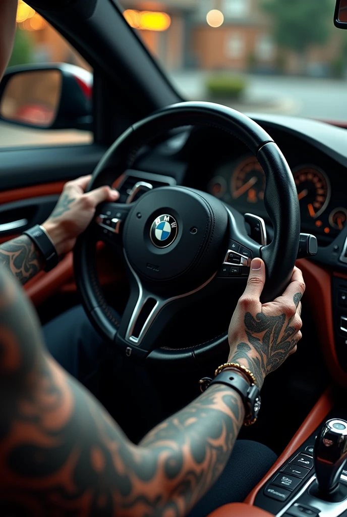 Bmw car interior , black cobra on steering, tattoo hands with cigarette 