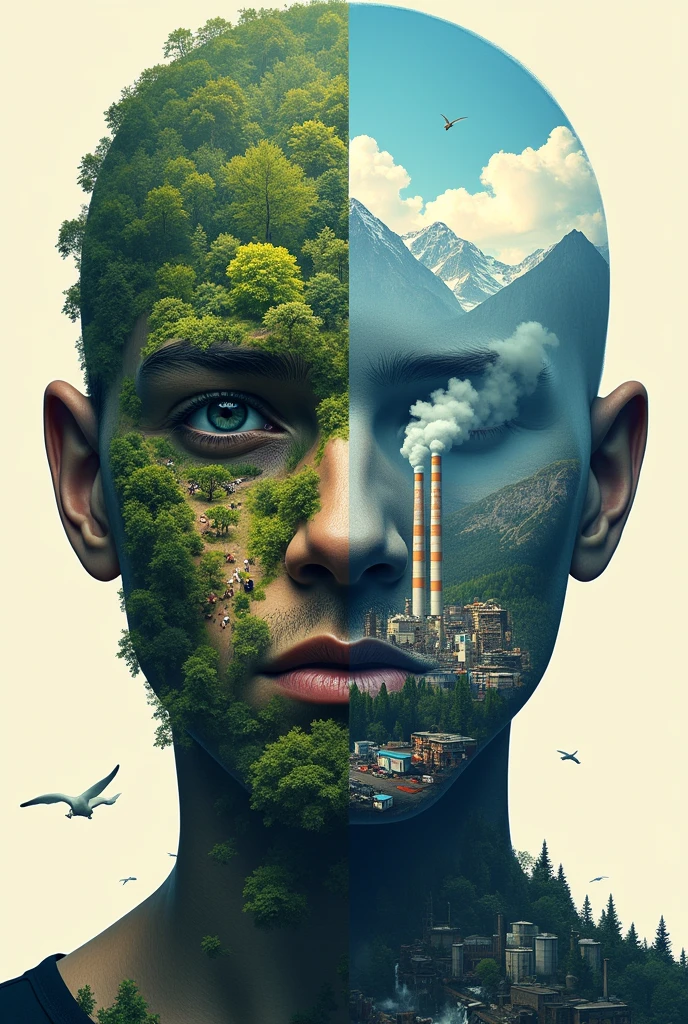 draw me a poster, (portrait) Left side of the face is a healthy environment with beutifull landscape and forest and mountains with beutifull scenery in the background. and the right side of the face is the opposite of it bad environment that has been developed by humans, manifacture(factories),Commercial buildings,trash, vehicles with smoke and waste. outside the face, is the same, left side has beutifull forest and mountains with animals, And the right side has factories, overpopulated areas, trash, vehicles ,buildings , and other polutions