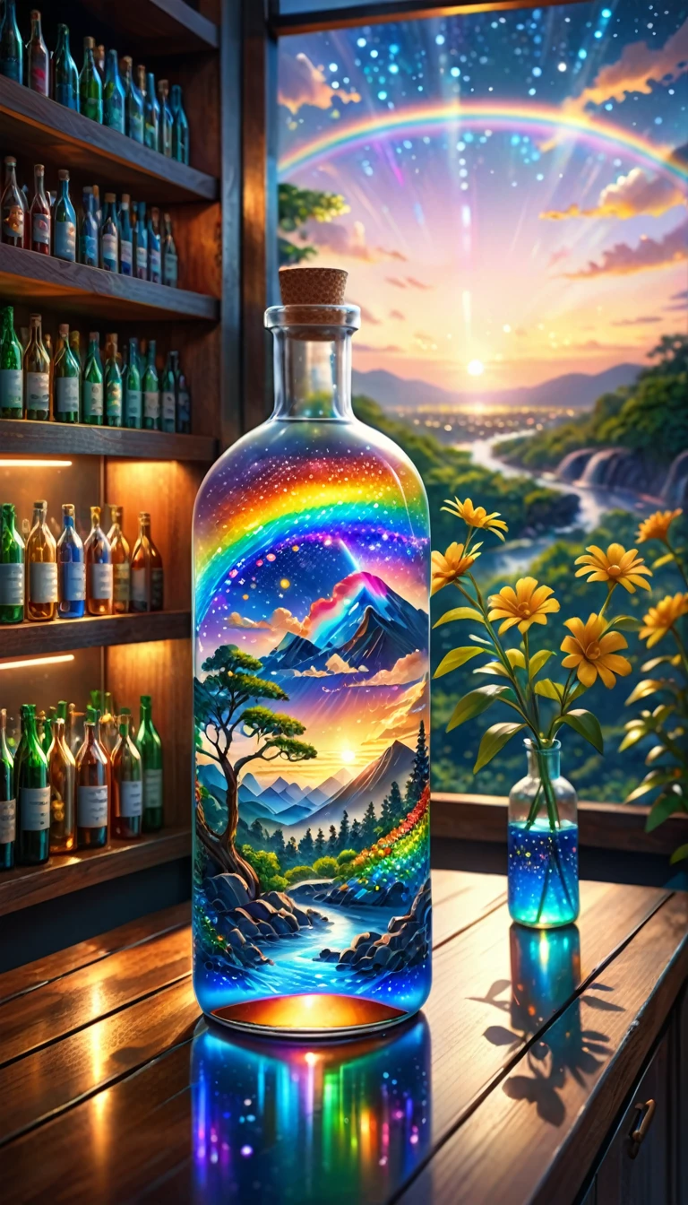 (masterpiece, Highest quality, Very detailed:1.2, Realistic, super photoRealistic, Realistic illustration, 8k), Professional Color Grading, Sharp focus, Professional Lighting, Depth of written boundary, ((landscape)), ((Science fiction movies)), ((Concept Art)) Bottle close-up, A rainbow-coloured world in a bottle、The colors of the flowers sparkle、afternoon, waterfall, Big tree, Starry Night, sunset, City in a glass bottle, filling glass bottle with the sparkling Starry Night and city, filling glass bottle with the sunset view, Many glass bottles on the shelf, The shelves are kept in the house, 16K, Ultra-high resolution, Ultra-high resolution, to be born,wonderful ,future、Iridescent、The world 30 years from now。