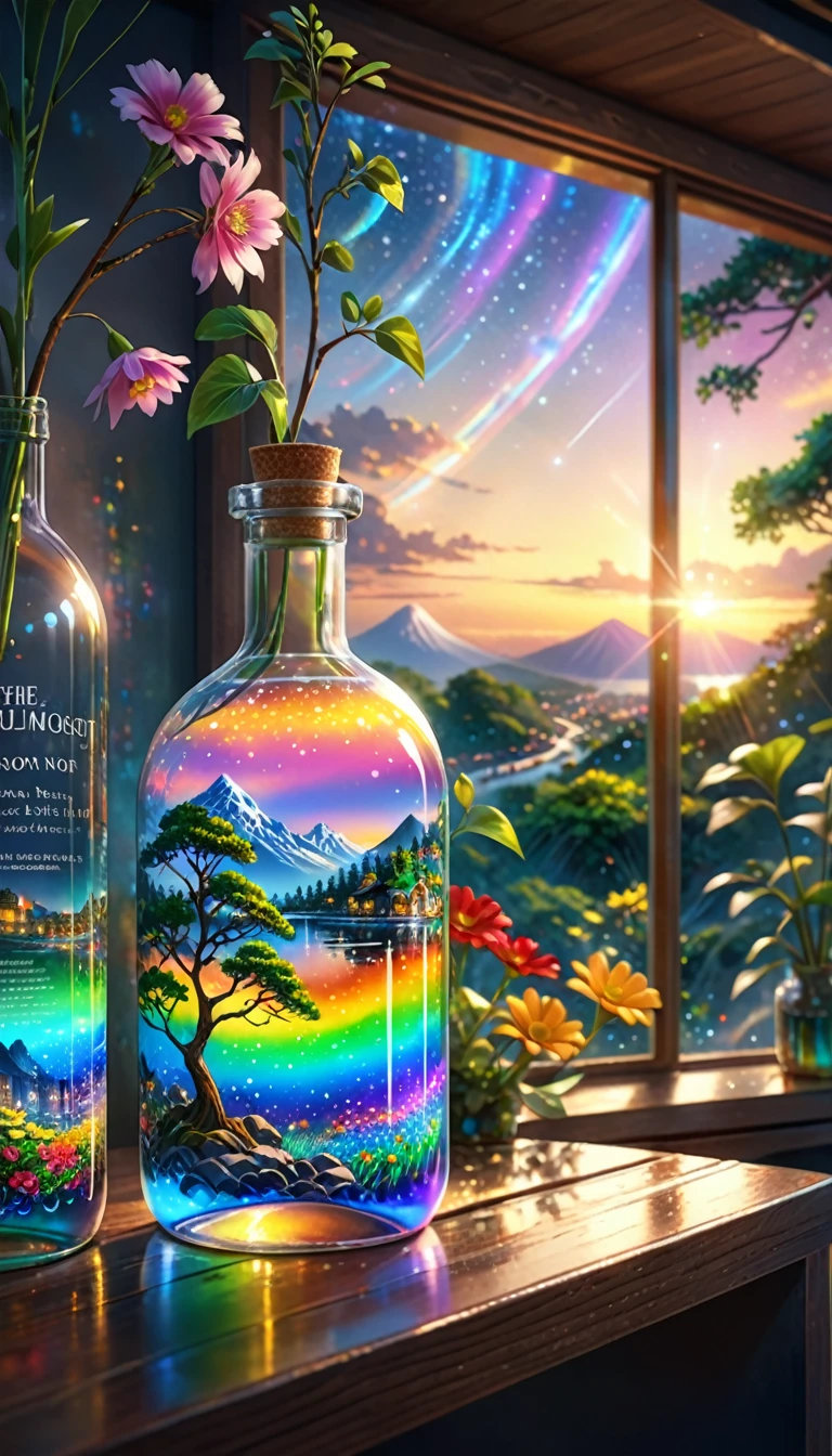 (masterpiece, Highest quality, Very detailed:1.2, Realistic, super photoRealistic, Realistic illustration, 8k), Professional Color Grading, Sharp focus, Professional Lighting, Depth of written boundary, ((landscape)), ((Science fiction movies)), ((Concept Art)) Bottle close-up, A rainbow-coloured world in a bottle、The colors of the flowers sparkle、afternoon, waterfall, Big tree, Starry Night, sunset, City in a glass bottle, filling glass bottle with the sparkling Starry Night and city, filling glass bottle with the sunset view, Many glass bottles on the shelf, The shelves are kept in the house, 16K, Ultra-high resolution, Ultra-high resolution, to be born,wonderful ,future、Iridescent、The world 30 years from now。