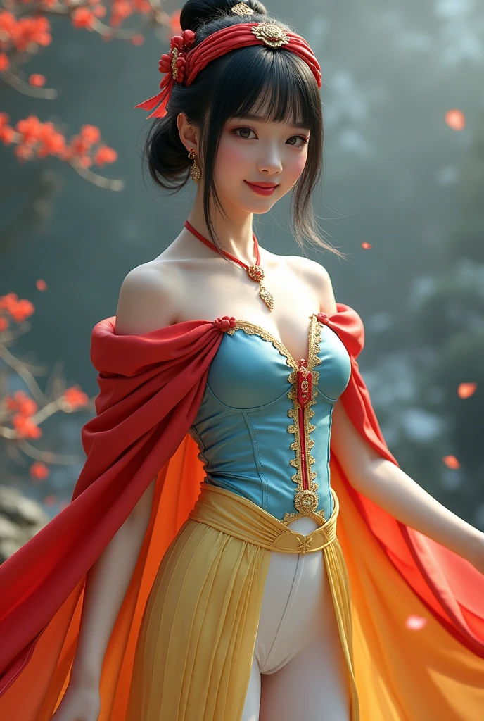 , Beautiful Chinese 1 female , wearing snow white cosplay, blue silk corset, red silk cape, yellow silk pleated skater skirt, silk leggings, black bob hair, red hairband, masterpiece, photorealistic, amazingly detailed face, maximum resolution, happy, dynamic pose, , realistic, photograph, cleavage, satin, shiny clothing, sexy pose, (((wearing a tight silk moncler puffer coat)))