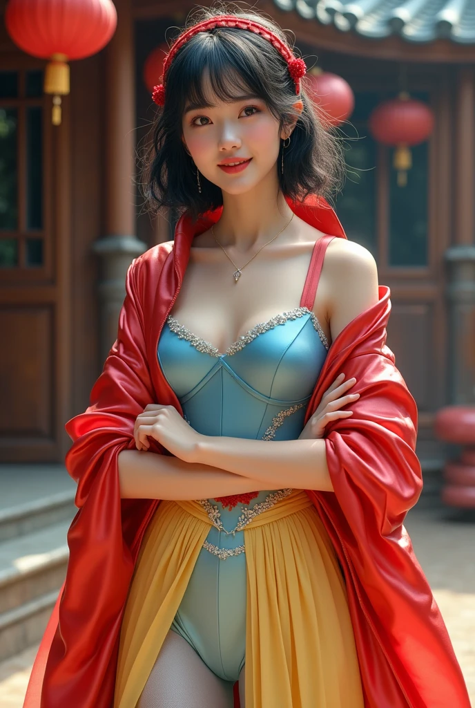 , Beautiful Chinese 18 year old female , wearing snow white cosplay, blue silk corset, red silk cape, yellow silk pleated skater skirt, silk leggings, black bob hair, red hairband, masterpiece, photorealistic, amazingly detailed face, maximum resolution, happy, dynamic pose, , realistic, photograph, cleavage, satin, shiny clothing, sexy pose, (((wearing a tight silk moncler puffer coat)))