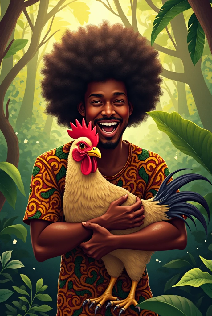 A black man with a thin beard, green umbanda shirt, black Panama hat with red stripe, evil looking and smoking a pipe in the woods holding a rooster